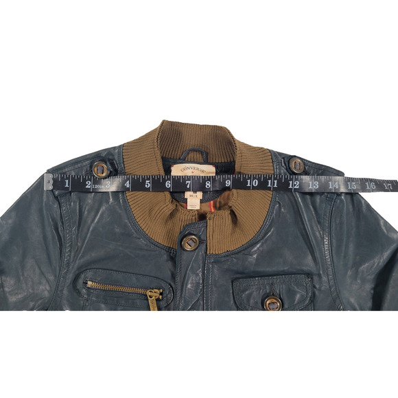 John Varvatos X Converse Leather Bomber Jacket Dark Green/Blue Womens S VTG Y2K - Picture 6 of 12